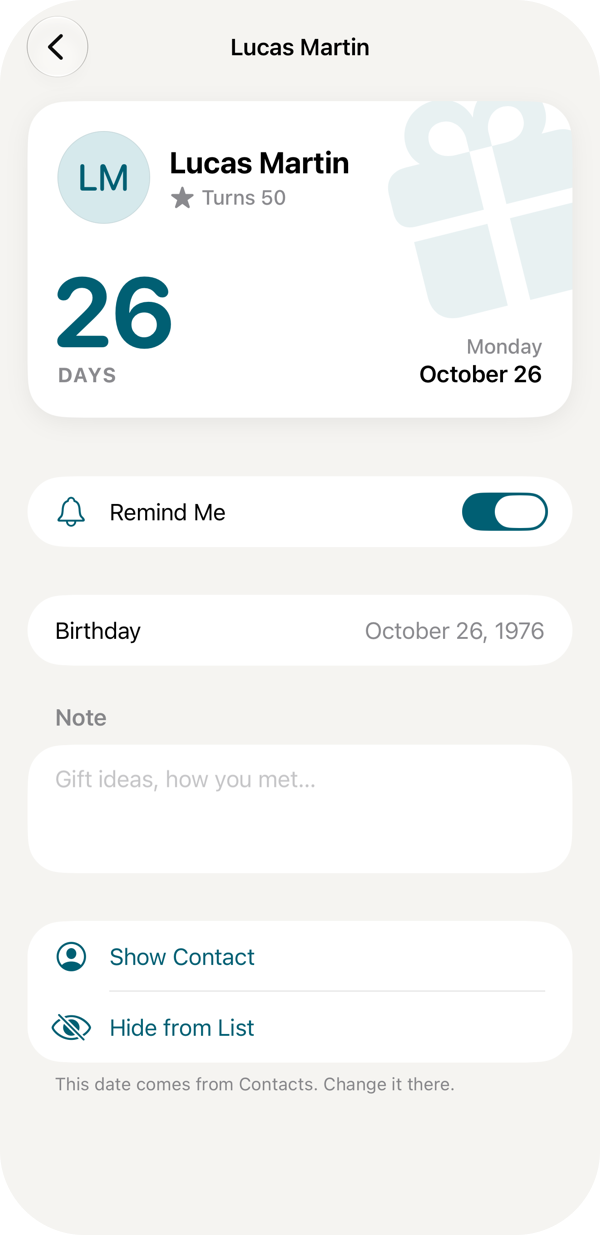 The detail of Lucas Martin in Honeyday: he turns 50 in 26 days, on Monday, October 26, with the reminder switched on and room for a note