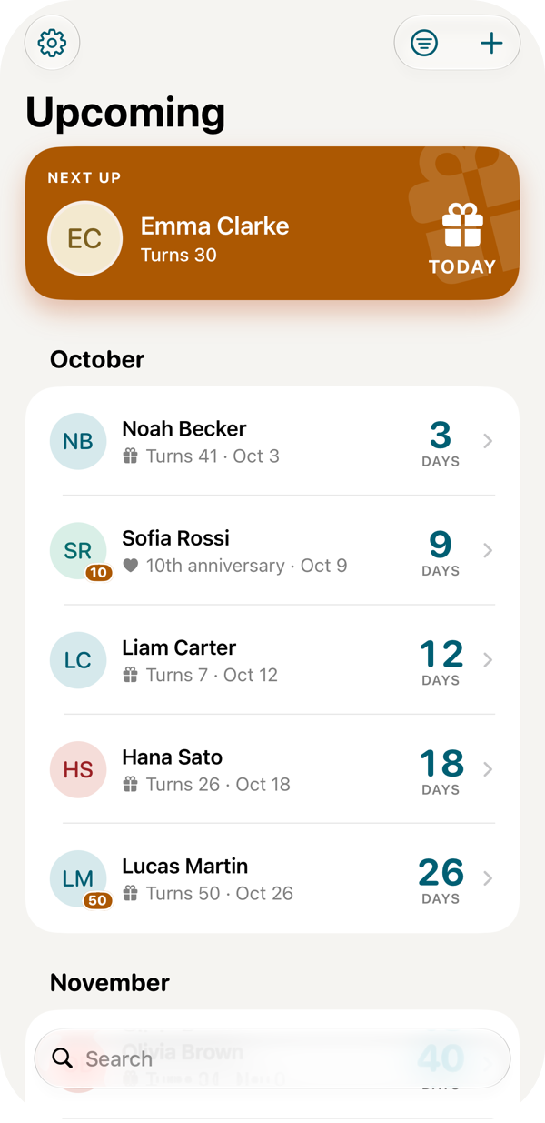 Honeyday on an iPhone: Emma Clarke turns 30 today, below her the birthdays and anniversaries of the coming weeks, each with the days left